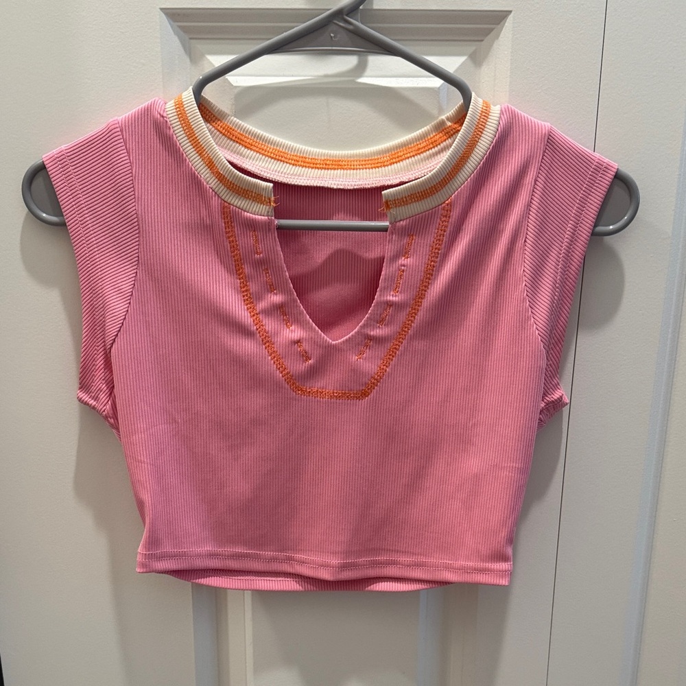SHEIN Pink Ribbed Crop Top with Orange Trim